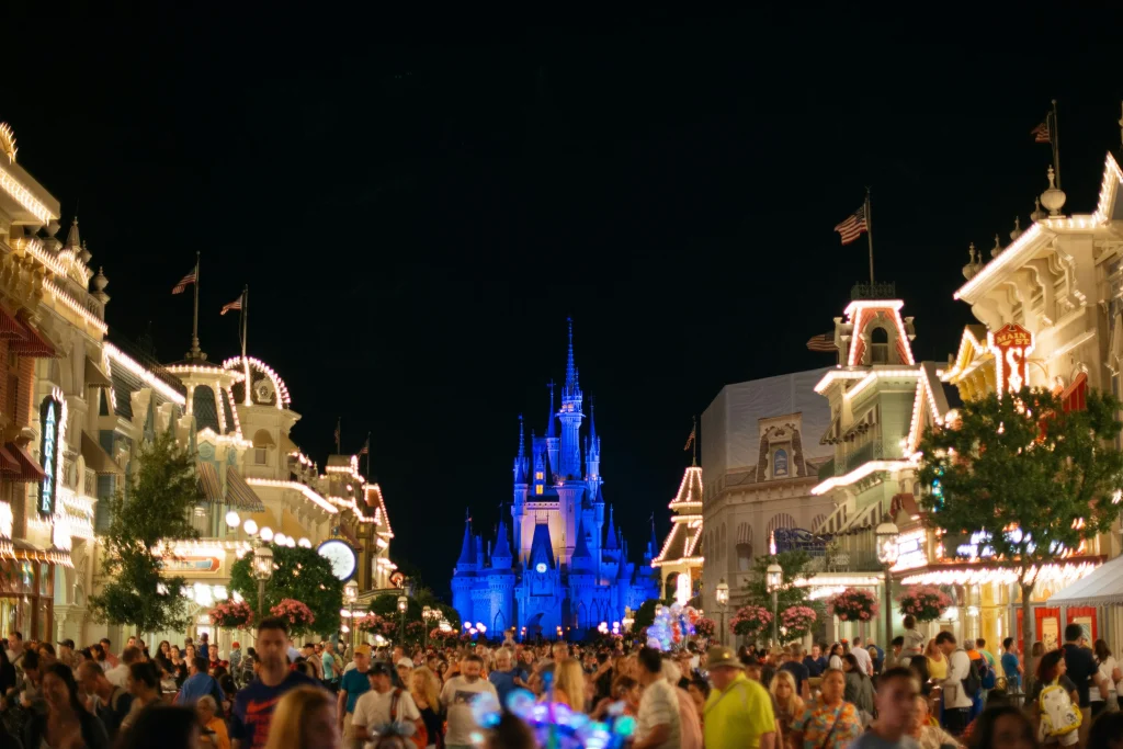 夜間にディズニーキャッスルの近くに立つ人々